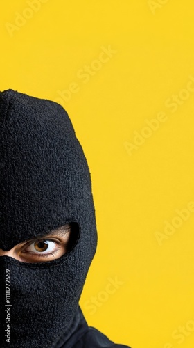 thief with mask on yellow background with copy space vertically 9:16
