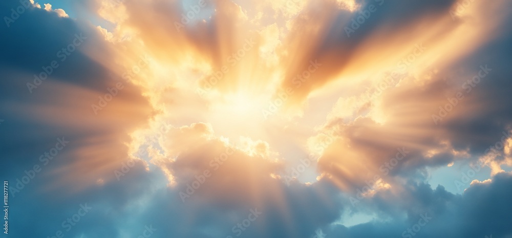 A radiant sky with clouds and sunlight streaming through. A radiant sky with clouds and sunlight streaming through.