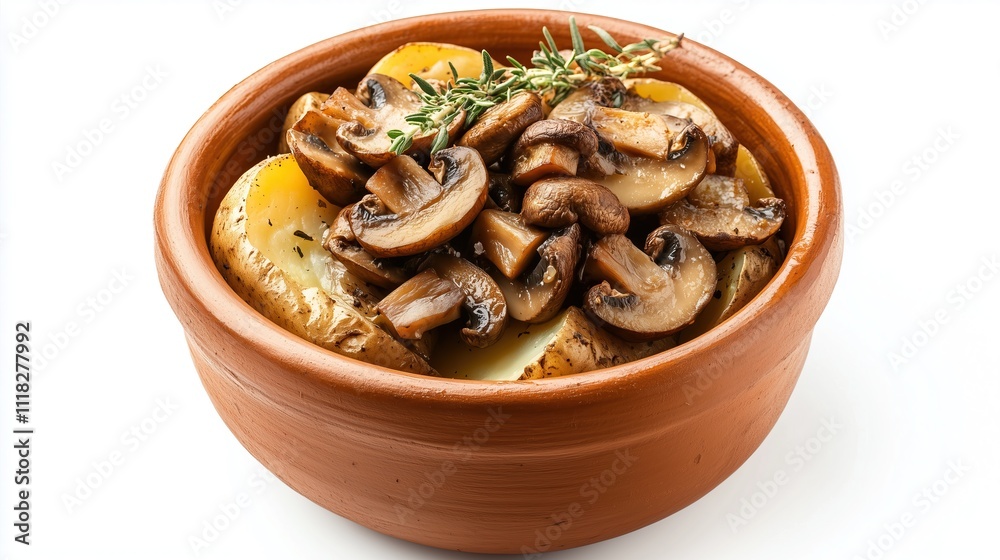 Stewed potatoes with mushrooms in a clay pot on a white background, isolated Stewed potatoes with mushrooms in a clay pot on a white background, isolated