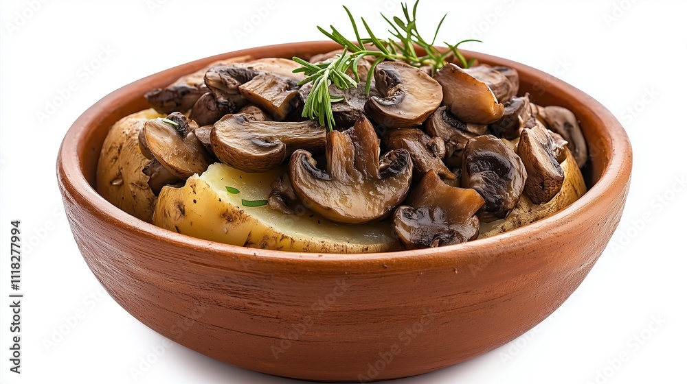Stewed potatoes with mushrooms in a clay pot on a white background, isolated Stewed potatoes with mushrooms in a clay pot on a white background, isolated