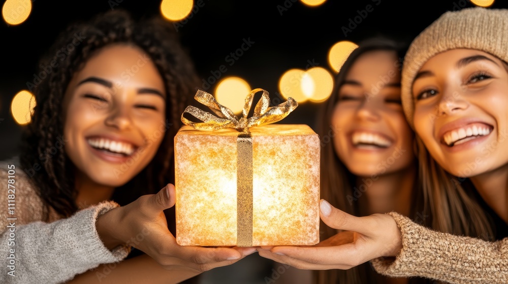 Magical surprise, two women discover wonder in a glowing gift box, heartwarming moment of joy and celebration