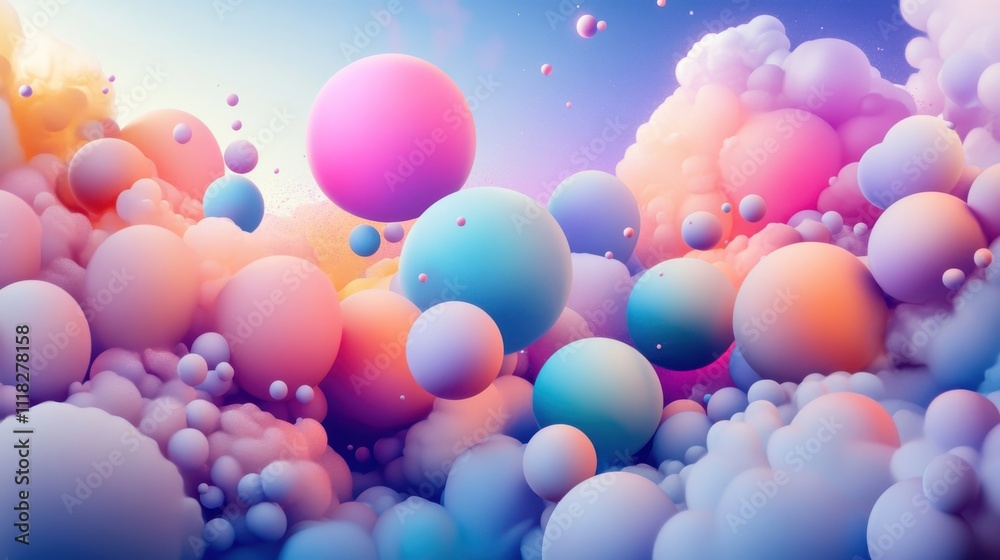 Colorful spheres floating amidst soft pastel clouds in a serene digital landscape during daylight