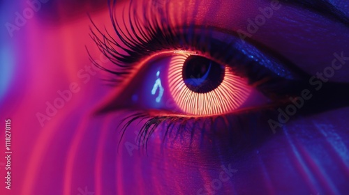 A close-up view of an eye displaying a unique radial light pattern in vibrant hues of red and purple. The illumination creates an engaging visual effect, emphasizing the eye's features