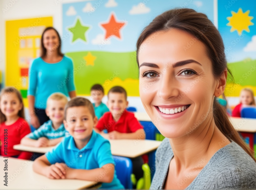 Engaging classroom environment with smiling teacher and happy students during a learning session Engaging classroom environment with smiling teacher and happy students during a learning session