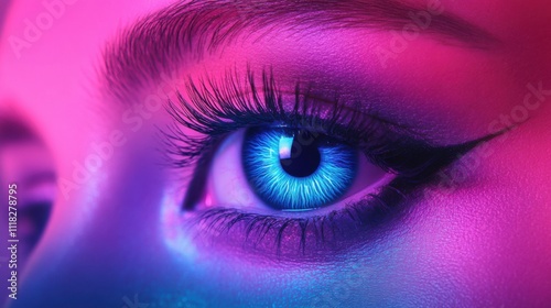 Intricate details highlight the captivating eyes illuminated by scanning radial light, showcasing a blend of colors and artistic makeup. This moment captures an innovative play of light and shadow