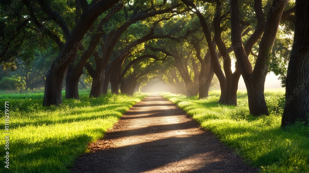 Fototapeta premium A serene path through a sunlit forest with lush greenery.