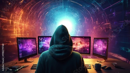 A man wearing sitting at a desk with computer monitors in front of them. The background features a digital tunnel with vibrant colors, creating a futuristic and technologically advanced atmosphere.