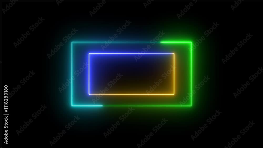Two-tone neon square and rectangle picture frame animation with double-line motion on black background. Two-tone neon square and rectangle picture frame animation with double-line motion on black background.