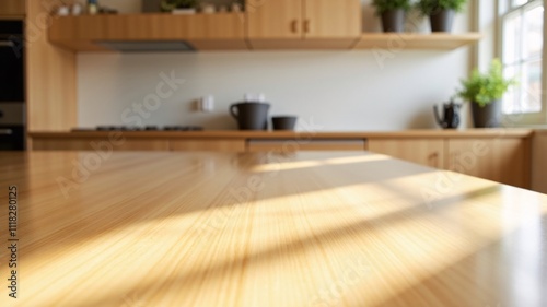 Clean wooden countertop with detailed natural grain, softly lit by diffused daylight, with blurred modern kitchen elements and small green plants in the background for a calm, professional look.