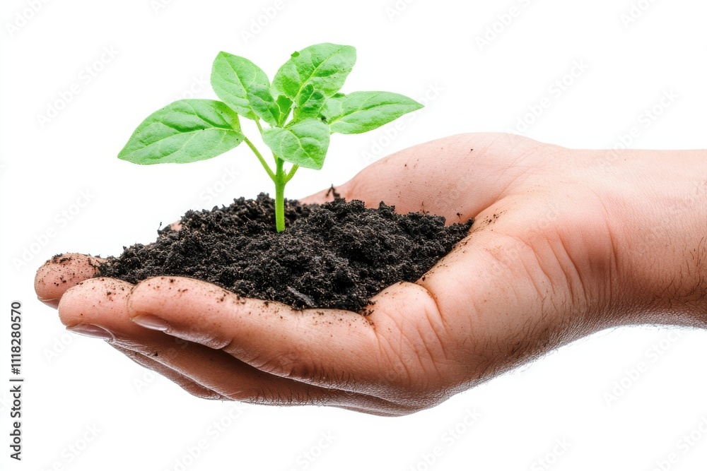 Hand Holding a Seedling in Fresh Soil on White Canvas Hand Holding a Seedling in Fresh Soil on White Canvas