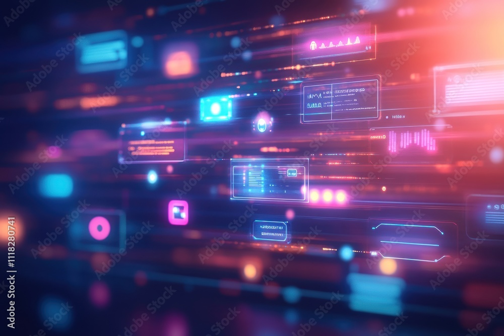 Abstract digital data stream with glowing HUD elements. Abstract digital data stream with glowing HUD elements.