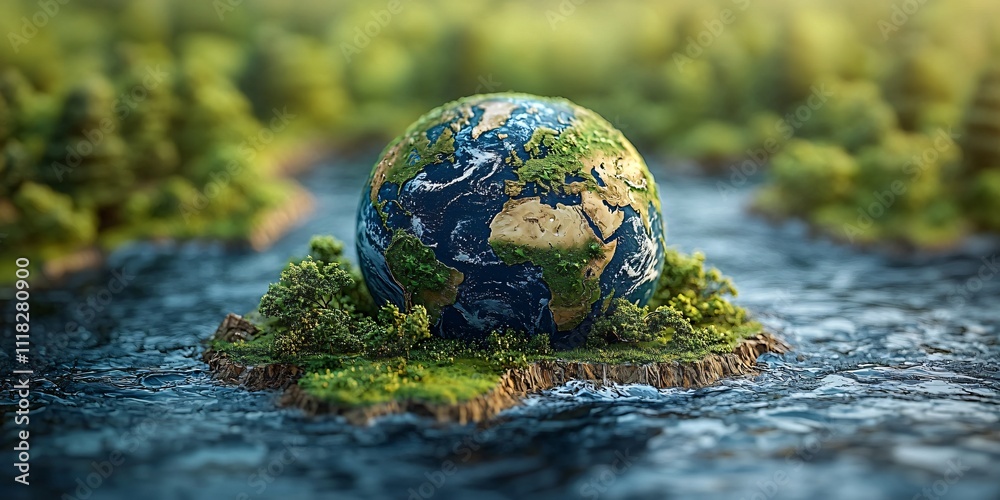 Earth Globe on Lush Island River Nature Green Planet Ecology Earth Globe on Lush Island River Nature Green Planet Ecology