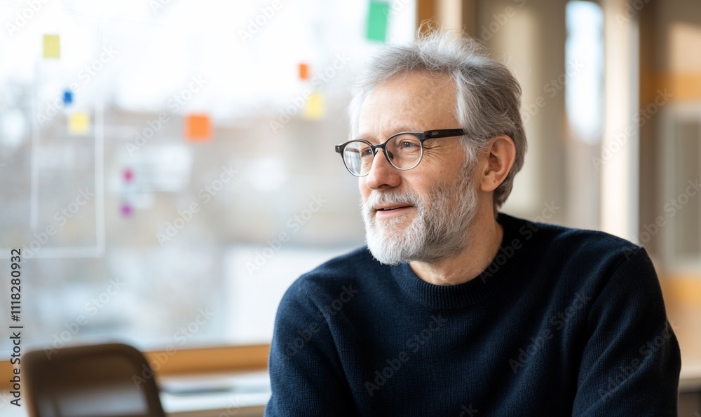 A thoughtful older man with glasses, smiling in a bright setting. A thoughtful older man with glasses, smiling in a bright setting.