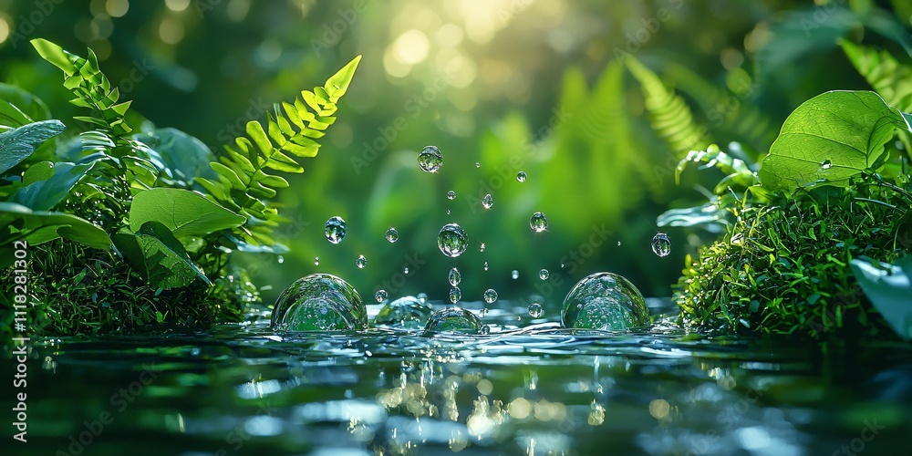 Fototapeta premium Lush Greenery Water Droplets Tranquil Nature Scene