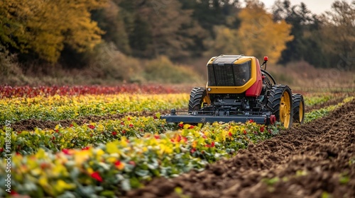 A modern tractor cultivating a colorful fall field. photo