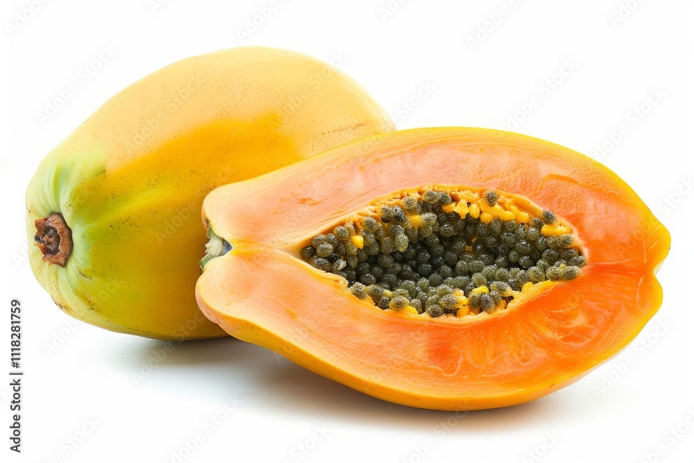 Ripe Papaya Fruit Sliced Open with Seeds Visible, white background. Ripe Papaya Fruit Sliced Open with Seeds Visible, white background.