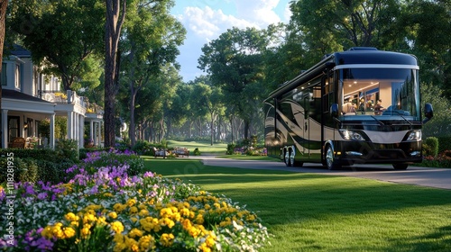 Luxury RV traveling through idyllic scenic landscape