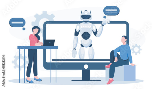People with robot. Man and woman with laptop near computer with cyborg on screen. Artificial intelligence and machine learning. Flat vector illustration