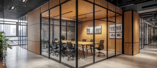 Modern Office Interior Design: Meeting Room with Glass Walls and Wooden Panels