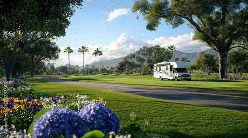 Mobile RV exploring scenic golf course landscape photo