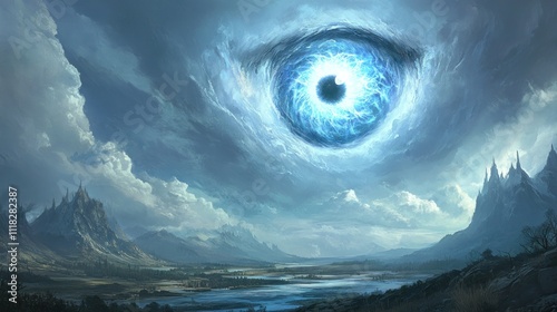 Giant eye in cloudy sky above fantasy landscape. photo