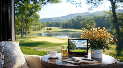 Cozy patio view with laptop, coffee, and flowers