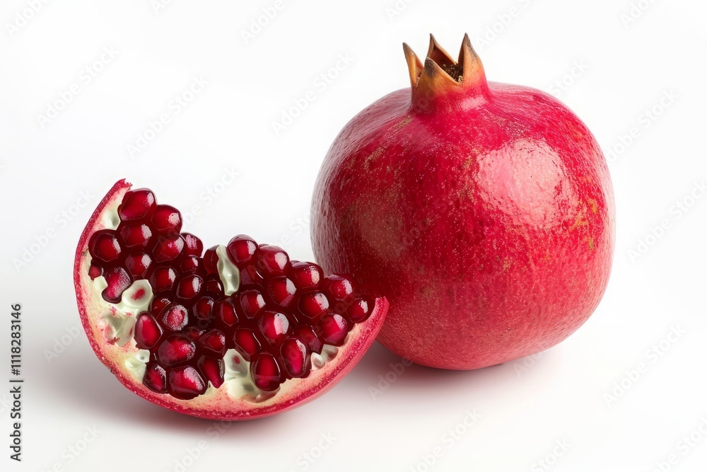 Whole and Sliced Pomegranate with Red Seeds, White background. Whole and Sliced Pomegranate with Red Seeds, White background.