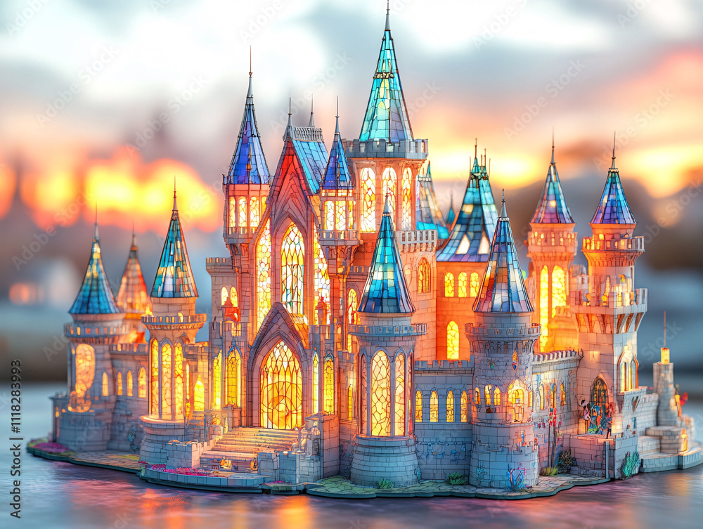 Obraz premium a fantasy castle with vibrant, stained-glass-like windows and multicolored rooftops. The castle is illuminated from within, casting warm, golden light that contrasts with the cool blues of the surroun