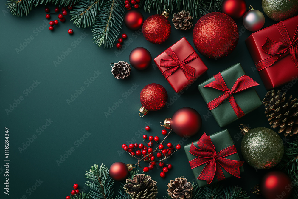 A green box with a red bow sits on a table next to a green box with a red bow A green box with a red bow sits on a table next to a green box with a red bow