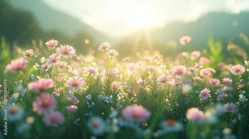 Fototapeta premium Sunlit pink flowers bloom in a vibrant meadow at sunrise.