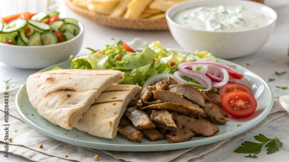 Gyro platter with grilled meat, salad, and pita on a blue plate Gyro platter with grilled meat, salad, and pita on a blue plate
