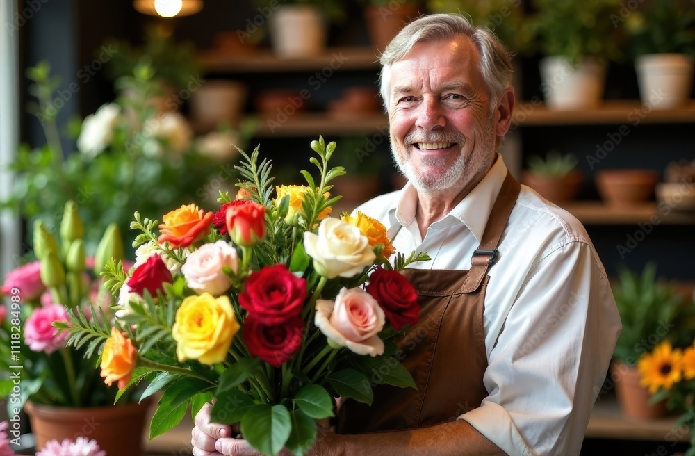 Close-up portrait of an elderly gray-haired man florist smiling warmly while holding a large bouquet of different flowers with a flower shop on the background Close-up portrait of an elderly gray-haired man florist smiling warmly while holding a large bouquet of different flowers with a flower shop on the background