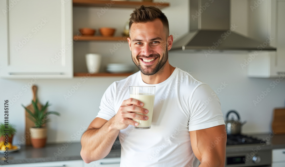 A male athlete drinks smoothies in the kitchen A male athlete drinks smoothies in the kitchen