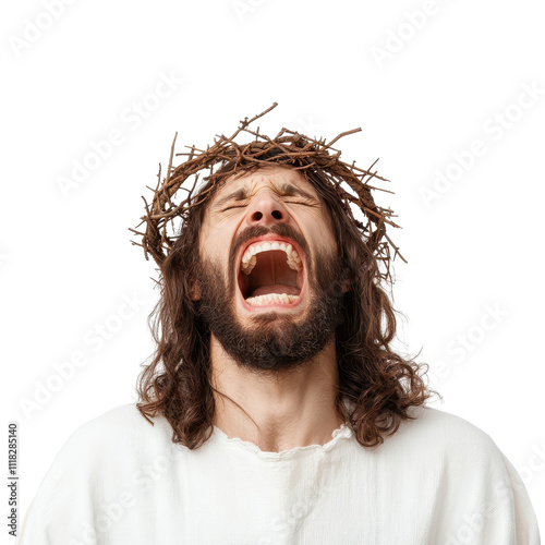 A man with long hair and a crown of thorns, isolated on white background. photo