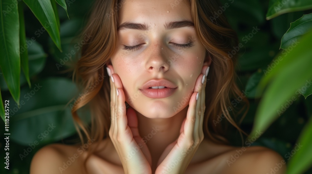 Naklejka premium Close-Up of a Young Woman with Dewy Skin Amid Tropical Greenery in 4K Cinematic Detail. 4K Close-Up of a Relaxed Woman with Fresh Skin and Tropical Self-Care Vibes.
