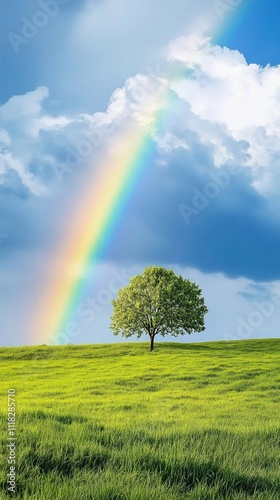 Solitary Tree in Green Field Under a Rainbow