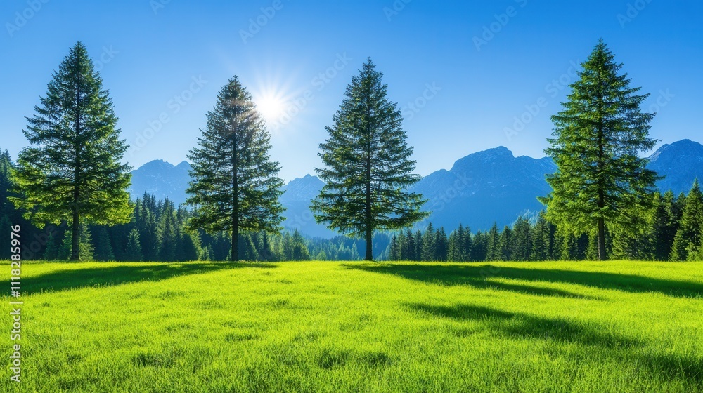 Fototapeta premium Serene Landscape with Fir Trees Surrounded by Majestic Mountains