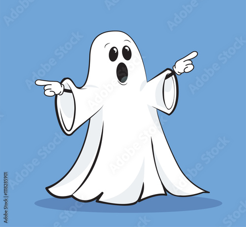 Halloween white ghost. Fictional character for international holiday of fear and horror. Emotions and expression. Poster or banner. Flat vector illustration