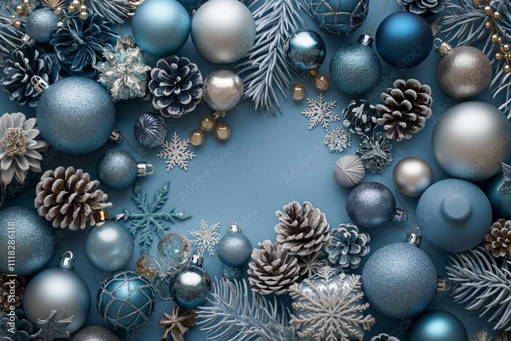 A blue background with a variety of Christmas ornaments including snowflakes A blue background with a variety of Christmas ornaments including snowflakes