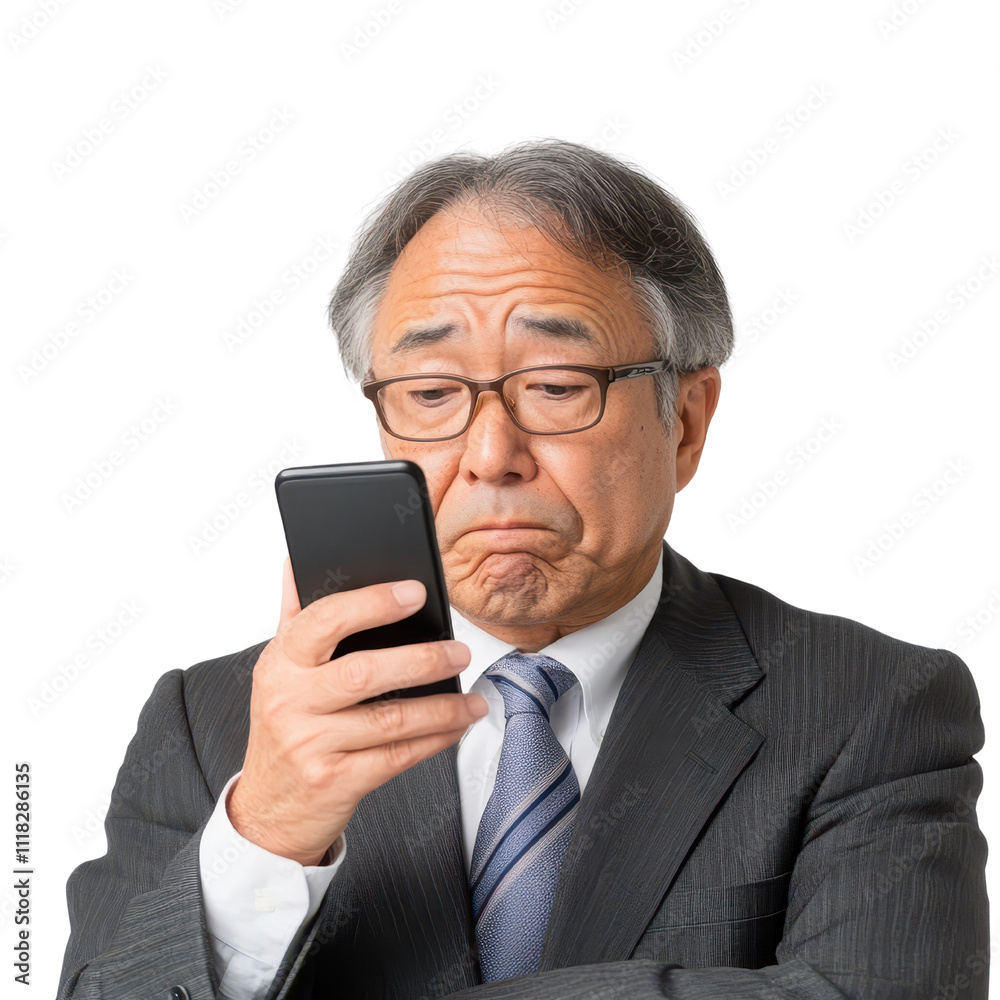 Confused man checking smartphone expression isolated on white background. Confused man checking smartphone expression isolated on white background.
