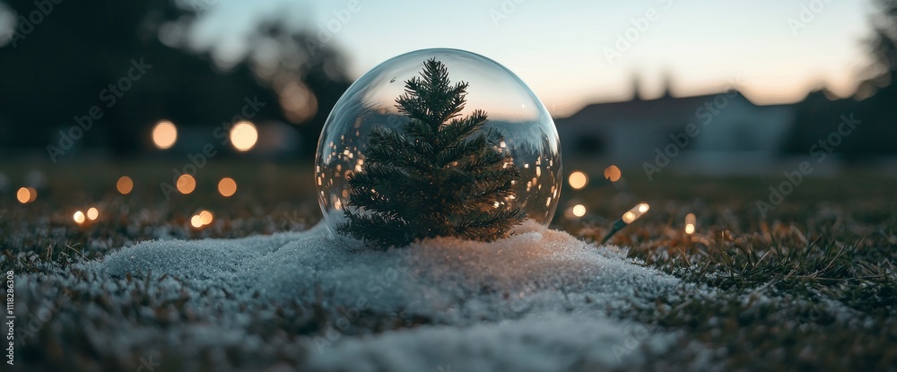 A glass ball with a Christmas tree inside, sitting on snow, adorned with glittering lights. A glass ball with a Christmas tree inside, sitting on snow, adorned with glittering lights.