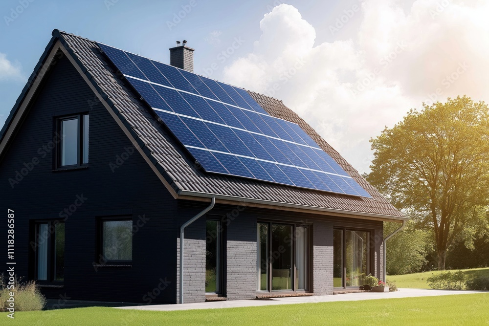 Fototapeta premium Modern house with solar panels on roof under bright sky. Dark solar panels on new home roof. Eco-friendly energy solution. New construction in suburban neighbourhood. Residential property with green