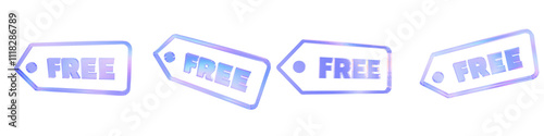 Set of 4 3d glass free tag shape style 1 with aberration effect isolated on a transparent background. Blue tone. 3d transparent elements for graphic design.