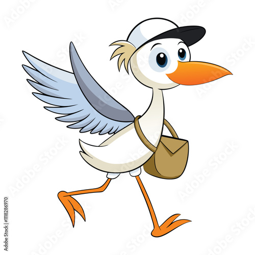 cute stork carrying bag fly cartoon vector illustration. 