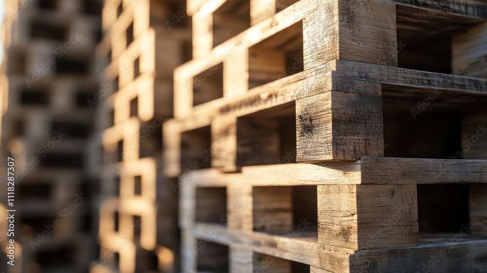 Stacked wooden pallets in sunlight. Stacked wooden pallets in sunlight.