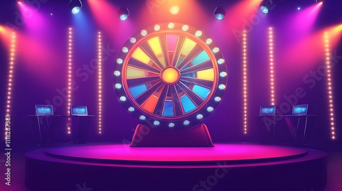 Colorful spinning wheel on stage with lights.