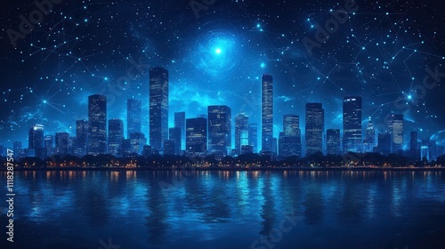 Nighttime City Skyline with Starry Sky and Reflection in Water