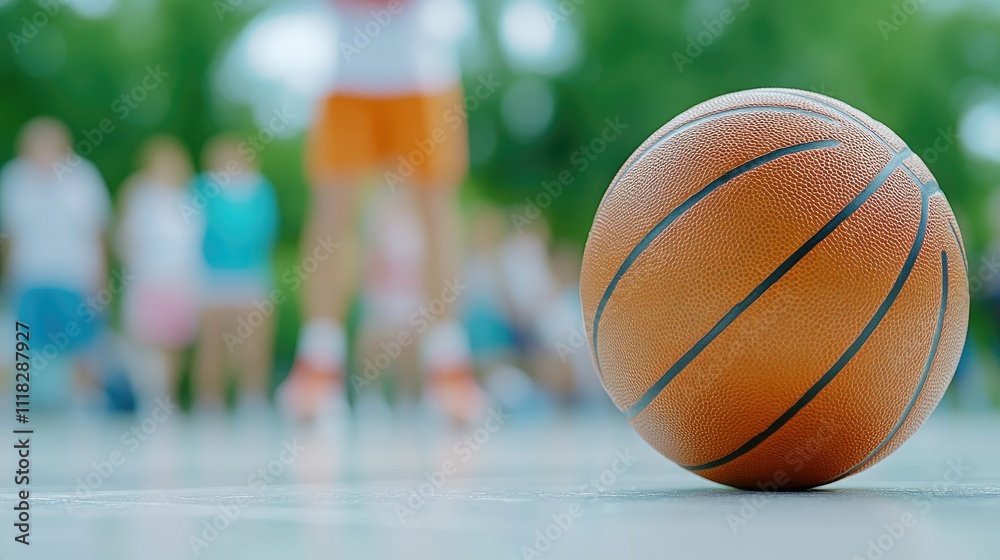 A basketball sits on the court's surface as players engage in a friendly game nearby. The backdrop features a lush green park under clear skies, showcasing an active outdoor environment A basketball sits on the court's surface as players engage in a friendly game nearby. The backdrop features a lush green park under clear skies, showcasing an active outdoor environment