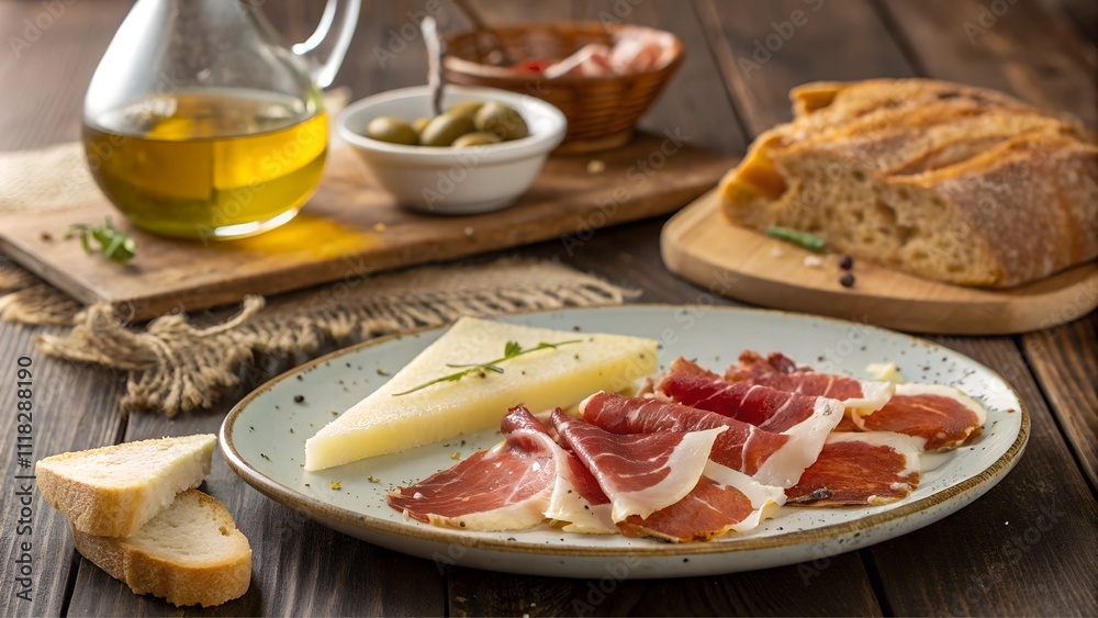 Jamon Iberico slices with olive oil, cheese, and rustic bread on a plate Jamon Iberico slices with olive oil, cheese, and rustic bread on a plate