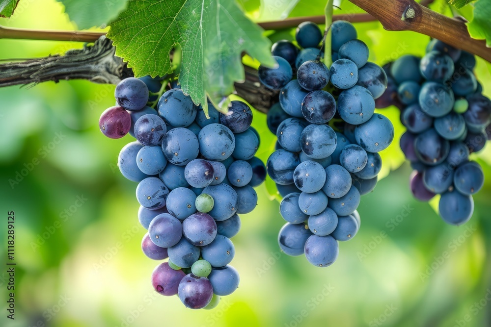 Clusters of Blue Grapes Hanging from a Vine. Clusters of Blue Grapes Hanging from a Vine.